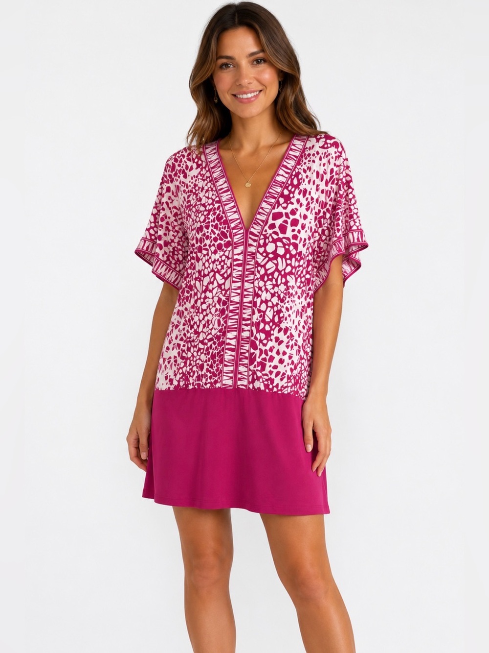 BCBG Paris Pink and White Printed V-Neck dress stretch size small knee length